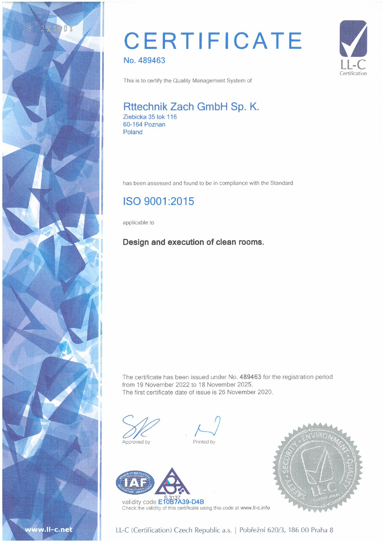 RTTechnik ISO 9001:2015 Certificate