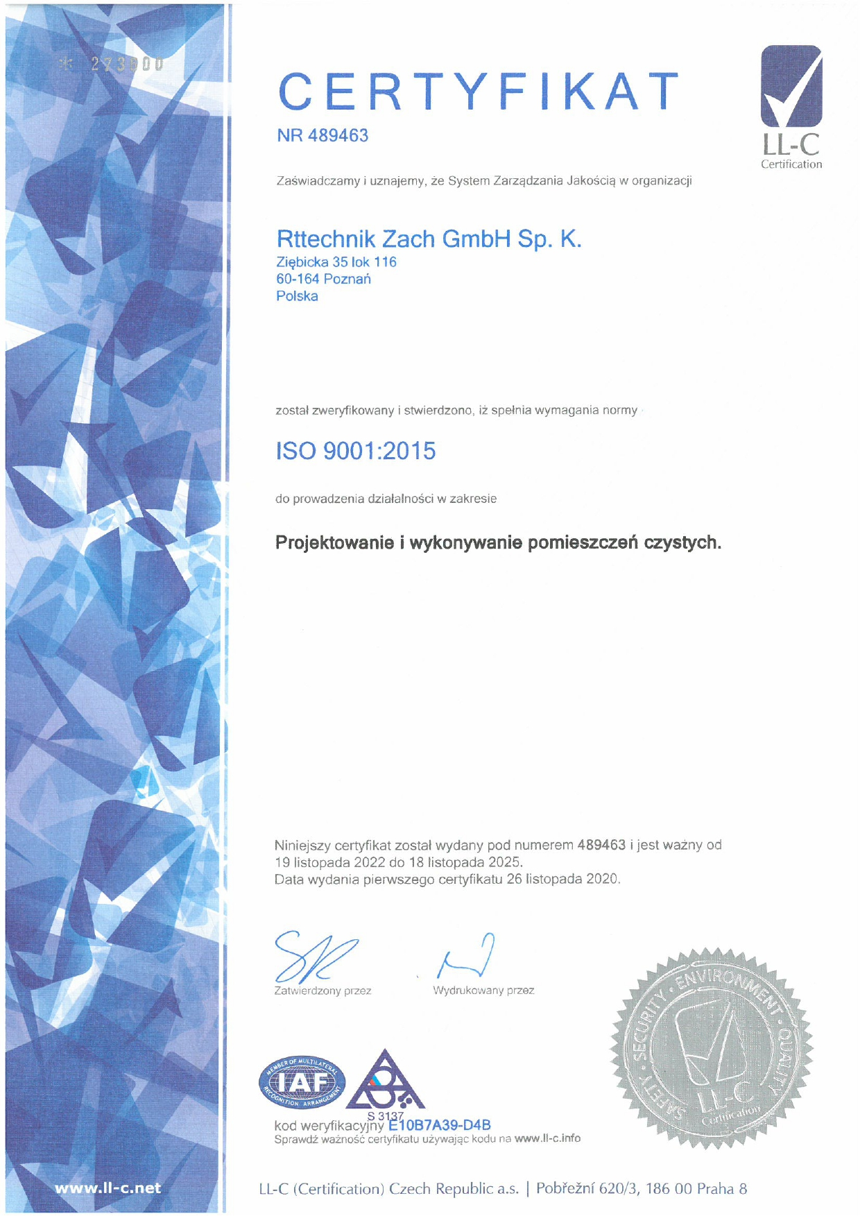 Certyfikat ISO 9001:2015 RTTechnik